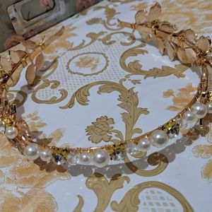 Faux pearl golden leaf crown tiara headband